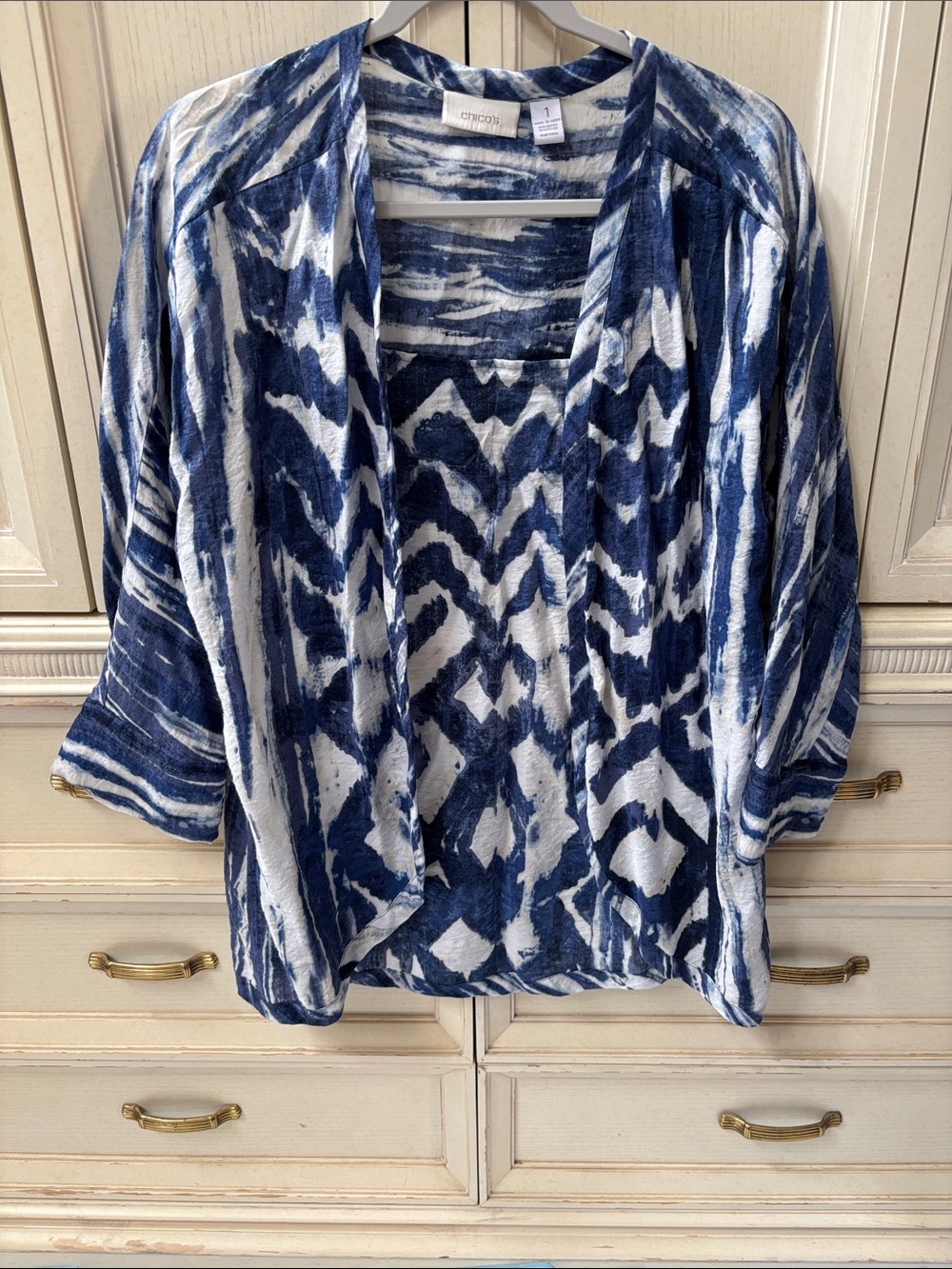 Chico's Navy and White Patterned Open-Front Tunic